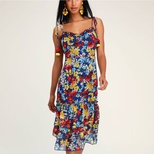 🔥Lulu's Vacay Sera Blue Floral Print Tie Strap Midi Dress Size Large NWOT